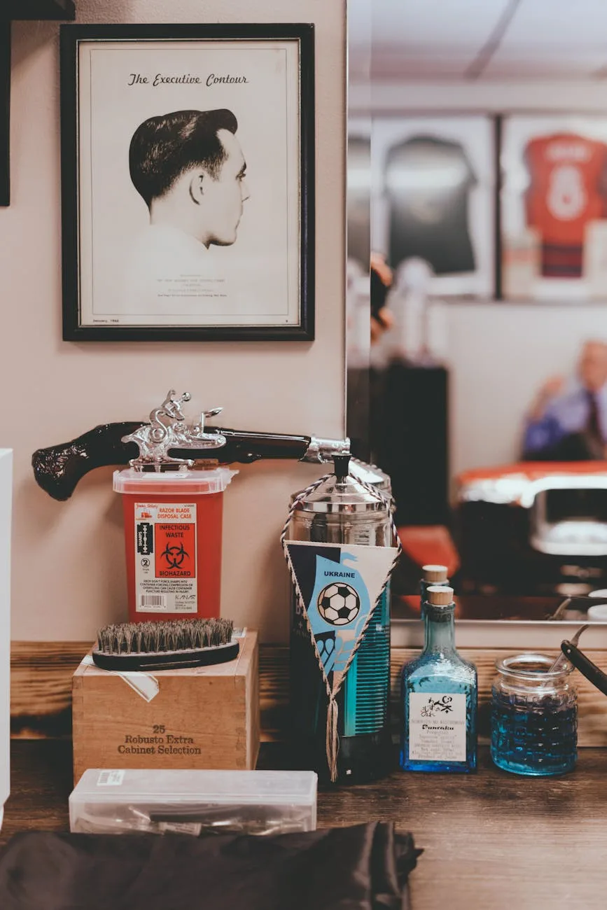 table with various products in vintage barbershop