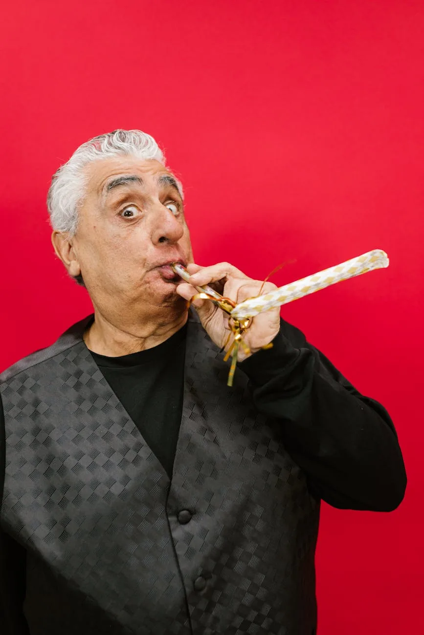 a man blowing a party horn